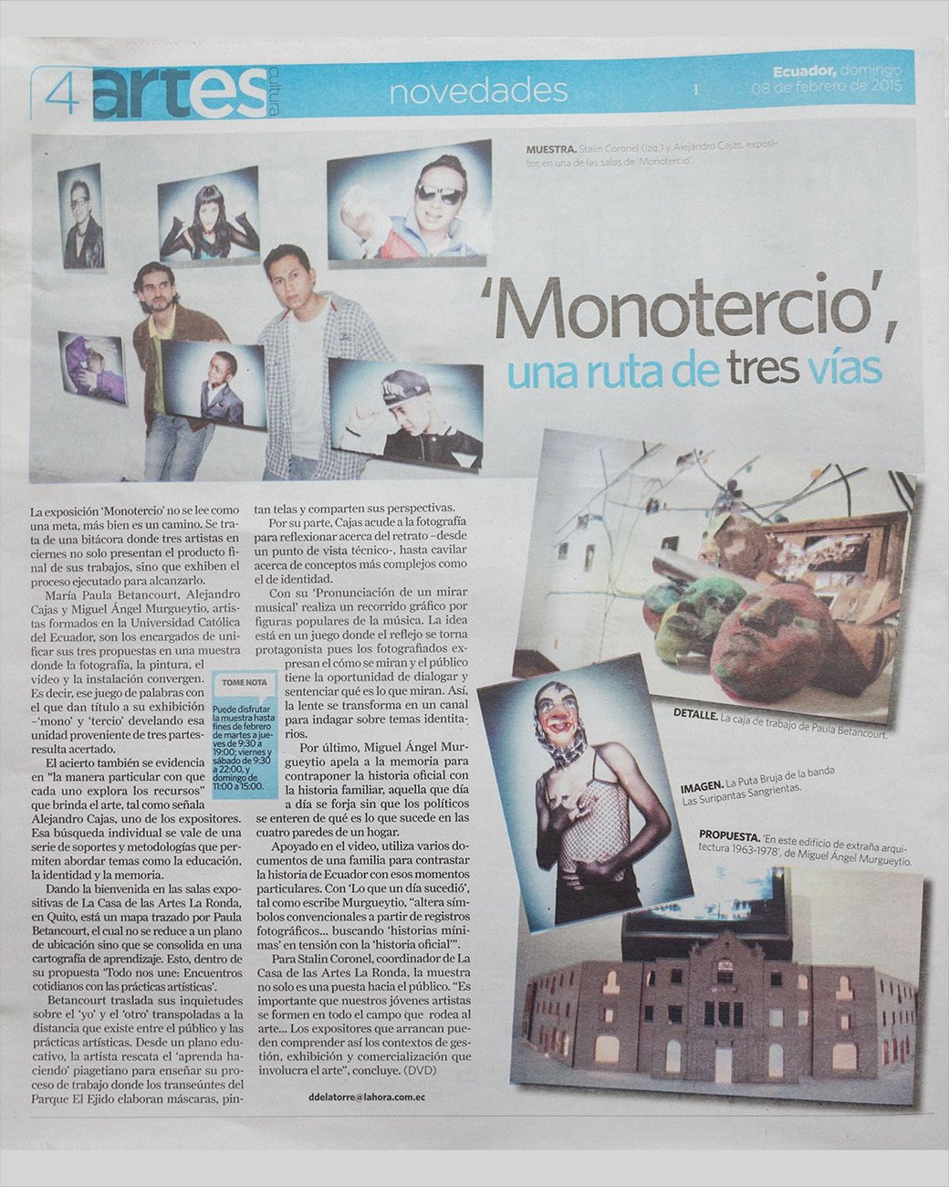 Fotografía profesional de retrato de AC Studio, Quito. Alejandro Cajas axponiendo su obra de arte (fine art) en una galería. Publicación en el diario la hora 
Fotógrafo Alejandro Cajas